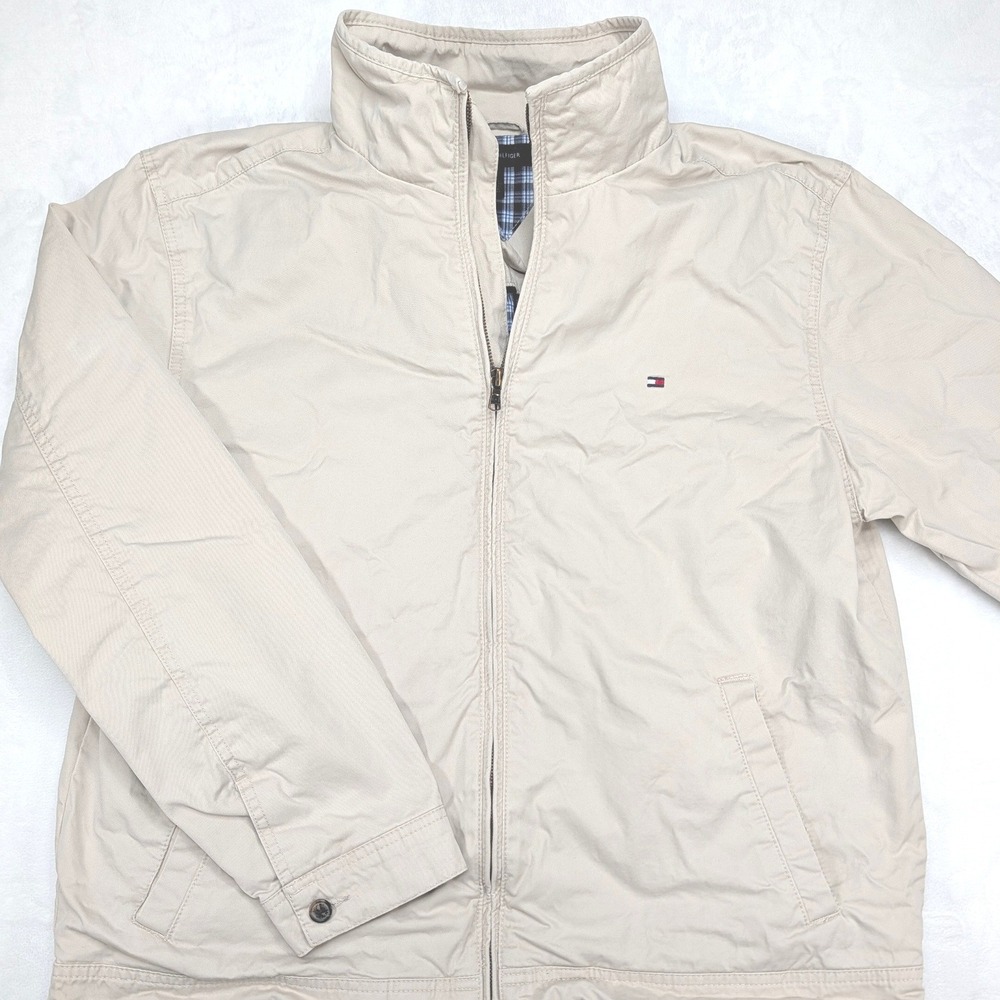 Tommy Hilfiger Men's‎ Beige Harrington Style Jacket XL Plaid Lined Outerwear